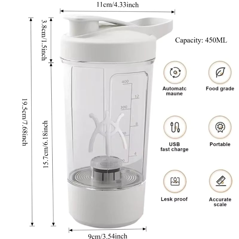 Taza eléctrica con agitación automática, botella agitadora para batidos en polvo proteico, taza agitadora con carga USB con escala, taza de agua de 15 Oz, sin BPA