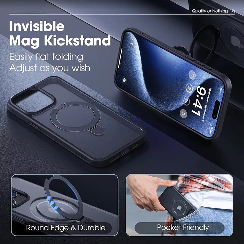 Funda magnética para teléfono móvil con soporte de anillo para iPhone 17 Pro Max Air 16 16E 15 14 funda Plus 13 11 12 fundas para móvil con soporte